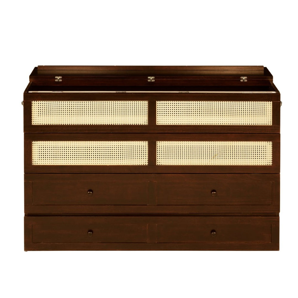 English Elm Queen Size Murphy Bed - Stylish Walnut Pine Cabinet With Rattan Accents & Full-Width Storage Drawer W504S00231-GIGA
