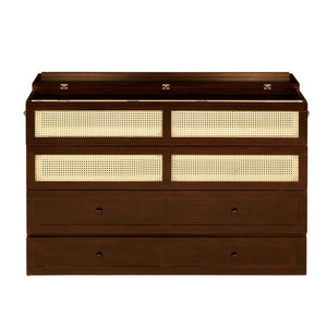 English Elm Queen Size Murphy Bed - Stylish Walnut Pine Cabinet With Rattan Accents & Full-Width Storage Drawer W504S00231-GIGA