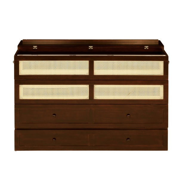 English Elm Queen Size Murphy Bed - Stylish Walnut Pine Cabinet With Rattan Accents & Full-Width Storage Drawer W504S00231-GIGA