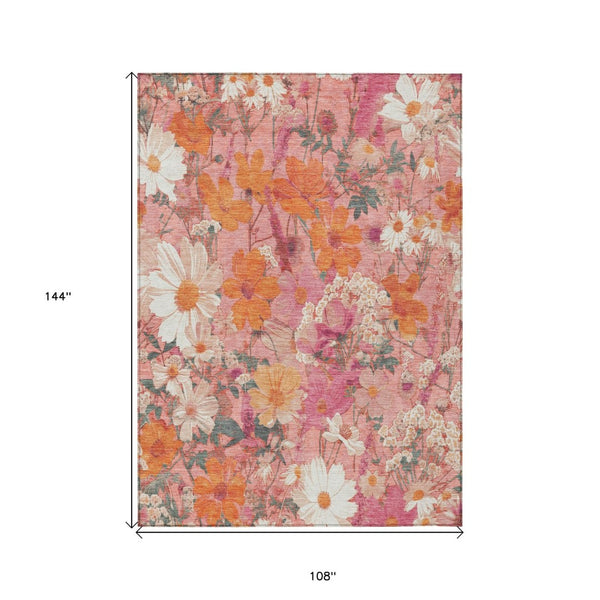 HomeRoots 5' Blush Pink and Orange Floral Area Rug - Washable, Durable Design for Indoor and Outdoor Spaces 9' X 12' 611190