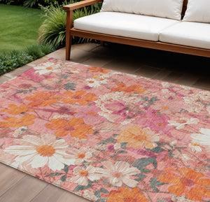 HomeRoots 5' Blush Pink and Orange Floral Area Rug - Washable, Durable Design for Indoor and Outdoor Spaces 9' X 12' 611190