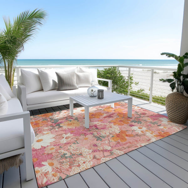 HomeRoots 5' Blush Pink and Orange Floral Area Rug - Washable, Durable Design for Indoor and Outdoor Spaces 9' X 12' 611190