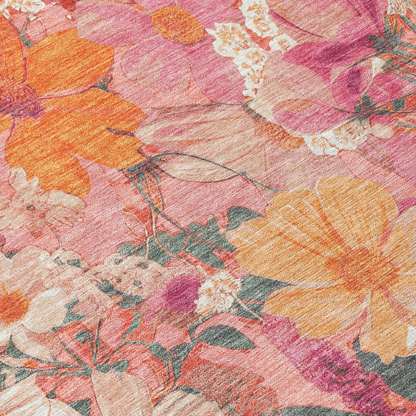 HomeRoots 5' Blush Pink and Orange Floral Area Rug - Washable, Durable Design for Indoor and Outdoor Spaces 9' X 12' 611190