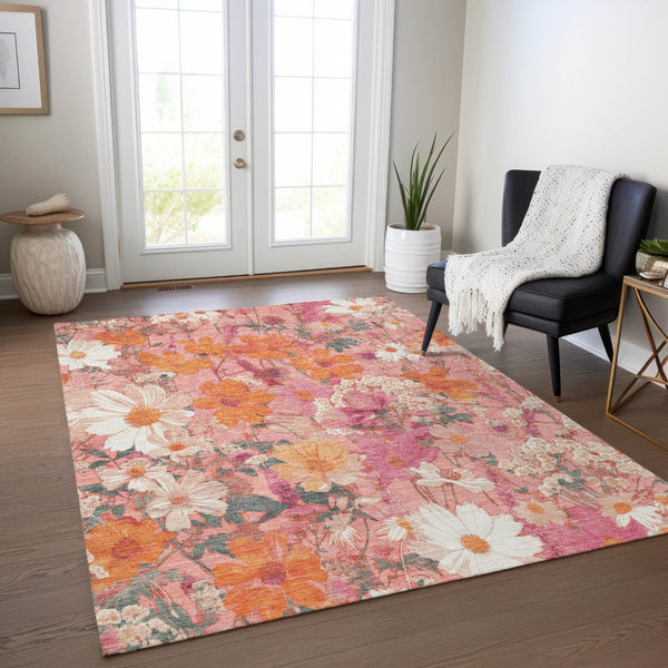 HomeRoots 5' Blush Pink and Orange Floral Area Rug - Washable, Durable Design for Indoor and Outdoor Spaces 10' X 14' 611191