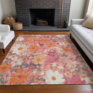 HomeRoots 5' Blush Pink and Orange Floral Area Rug - Washable, Durable Design for Indoor and Outdoor Spaces 10' X 14' 611191
