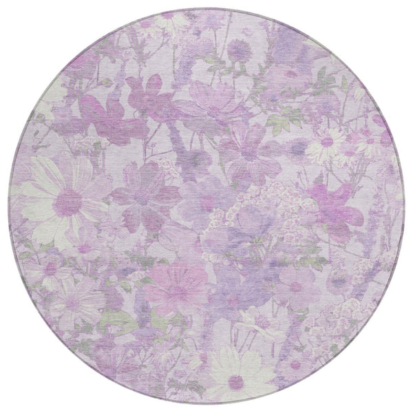 HomeRoots 5' Floral Washable Area Rug in Lavender and Lilac – Stylish Indoor/Outdoor Décor for Any Space 8' Round 611200