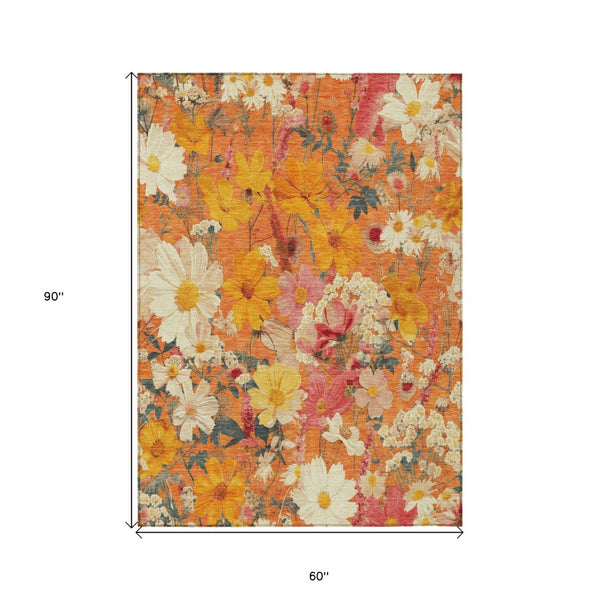 HomeRoots 5' Vibrant Floral Area Rug in Warm Orange, Peach & Salmon – Durable for Indoor & Outdoor Use 5' X 8' 611205