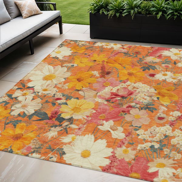 HomeRoots 5' Vibrant Floral Area Rug in Warm Orange, Peach & Salmon – Durable for Indoor & Outdoor Use 5' X 8' 611205