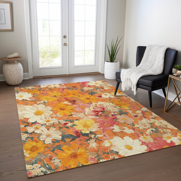 HomeRoots 5' Vibrant Floral Area Rug in Warm Orange, Peach & Salmon – Durable for Indoor & Outdoor Use 5' X 8' 611205