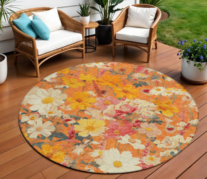 HomeRoots 5' Vibrant Floral Area Rug in Warm Orange, Peach & Salmon – Durable for Indoor & Outdoor Use 8' Round 611206