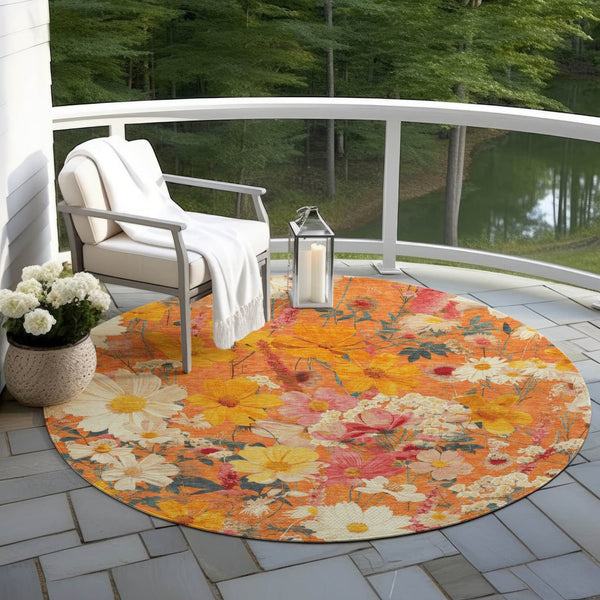 HomeRoots 5' Vibrant Floral Area Rug in Warm Orange, Peach & Salmon – Durable for Indoor & Outdoor Use 8' Round 611206