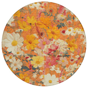 HomeRoots 5' Vibrant Floral Area Rug in Warm Orange, Peach & Salmon – Durable for Indoor & Outdoor Use 8' Round 611206