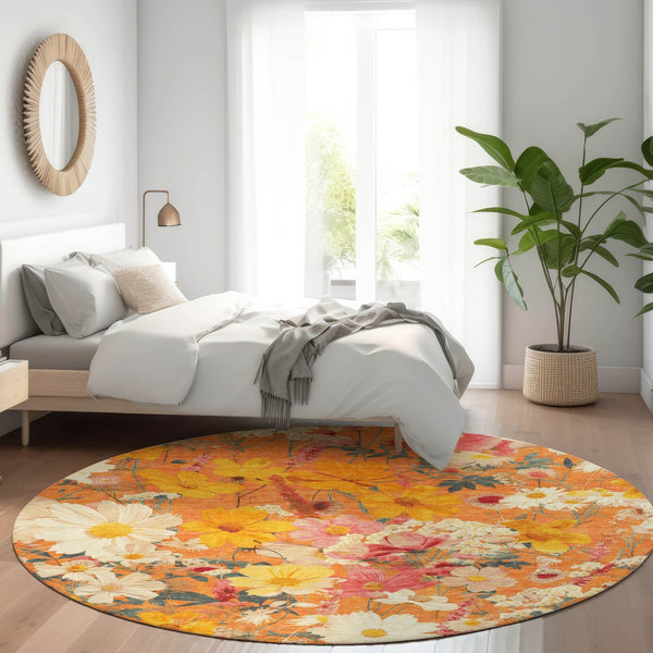 HomeRoots 5' Vibrant Floral Area Rug in Warm Orange, Peach & Salmon – Durable for Indoor & Outdoor Use 8' Round 611206