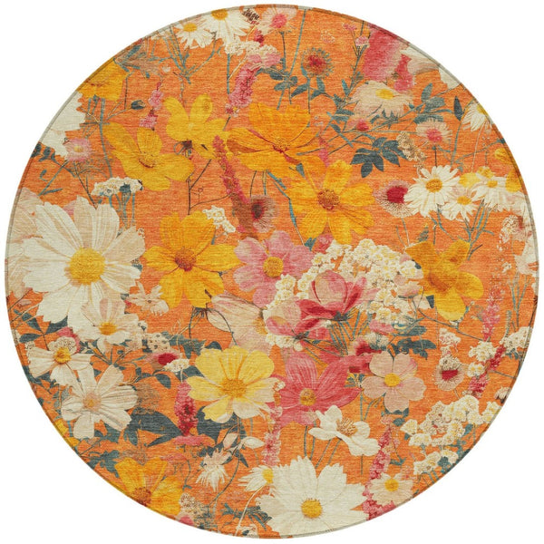 HomeRoots 5' Vibrant Floral Area Rug in Warm Orange, Peach & Salmon – Durable for Indoor & Outdoor Use 8' Round 611206