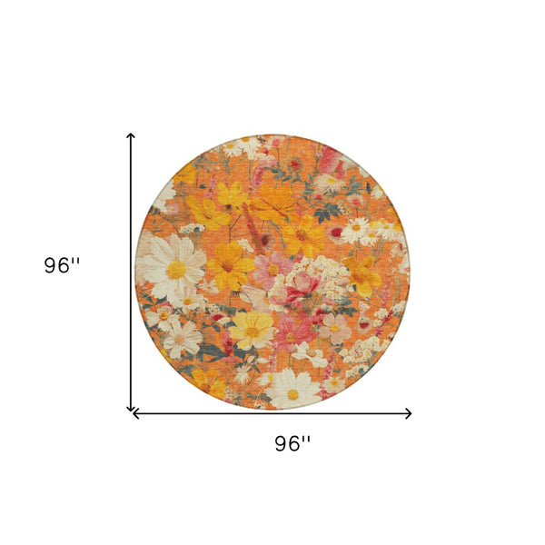 HomeRoots 5' Vibrant Floral Area Rug in Warm Orange, Peach & Salmon – Durable for Indoor & Outdoor Use 8' Round 611206