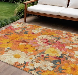 HomeRoots 5' Vibrant Floral Area Rug in Warm Orange, Peach & Salmon – Durable for Indoor & Outdoor Use 10' X 14' 611209