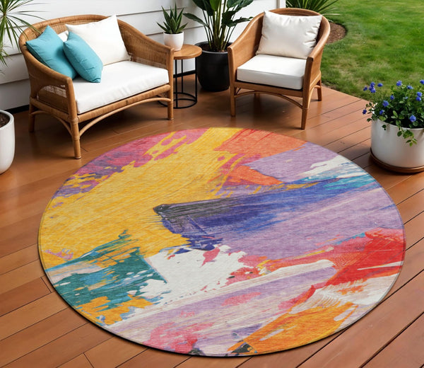 HomeRoots 5' Colorful Abstract Washable Area Rug - Durable, Stylish Design for Indoor & Outdoor Spaces 8' Round 611218
