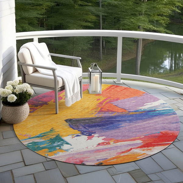 HomeRoots 5' Colorful Abstract Washable Area Rug - Durable, Stylish Design for Indoor & Outdoor Spaces 8' Round 611218