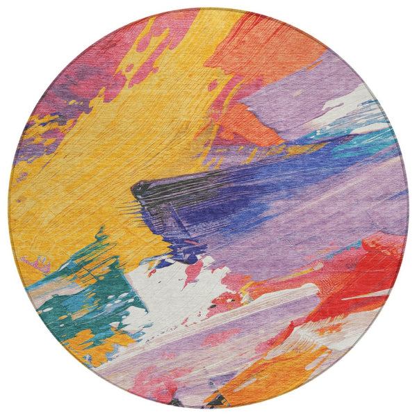 HomeRoots 5' Colorful Abstract Washable Area Rug - Durable, Stylish Design for Indoor & Outdoor Spaces 8' Round 611218