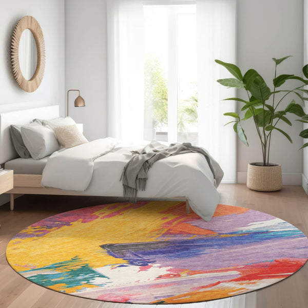 HomeRoots 5' Colorful Abstract Washable Area Rug - Durable, Stylish Design for Indoor & Outdoor Spaces 8' Round 611218