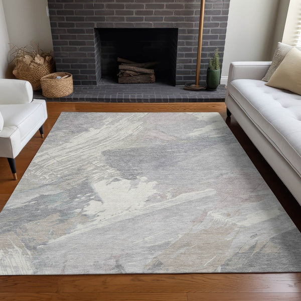HomeRoots 5' Washable Ivory and Gray Abstract Area Rug - Stylish Indoor/Outdoor Solution for High Traffic Spaces 5' X 8' 611229