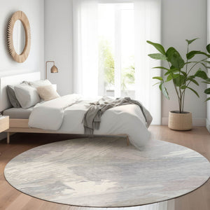 HomeRoots 5' Washable Ivory and Gray Abstract Area Rug - Stylish Indoor/Outdoor Solution for High Traffic Spaces 8' Round 611230