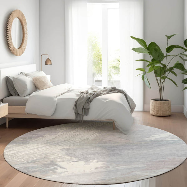 HomeRoots 5' Washable Ivory and Gray Abstract Area Rug - Stylish Indoor/Outdoor Solution for High Traffic Spaces 8' Round 611230