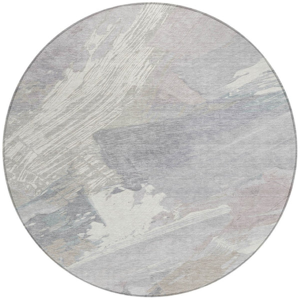 HomeRoots 5' Washable Ivory and Gray Abstract Area Rug - Stylish Indoor/Outdoor Solution for High Traffic Spaces 8' Round 611230
