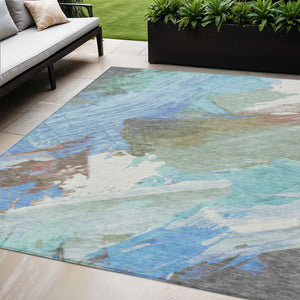 HomeRoots 5' Sky Blue and Teal Abstract Area Rug - Durable, Washable, Stylish for Indoor and Outdoor Spaces 5' X 8' 611253