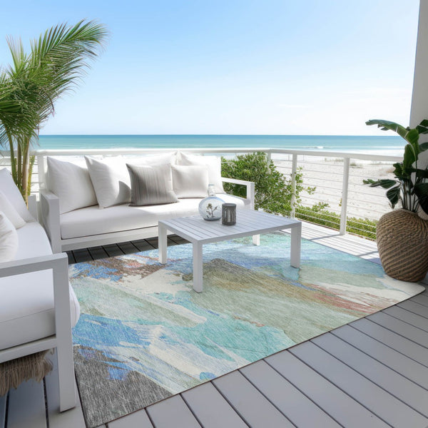 HomeRoots 5' Sky Blue and Teal Abstract Area Rug - Durable, Washable, Stylish for Indoor and Outdoor Spaces 5' X 8' 611253