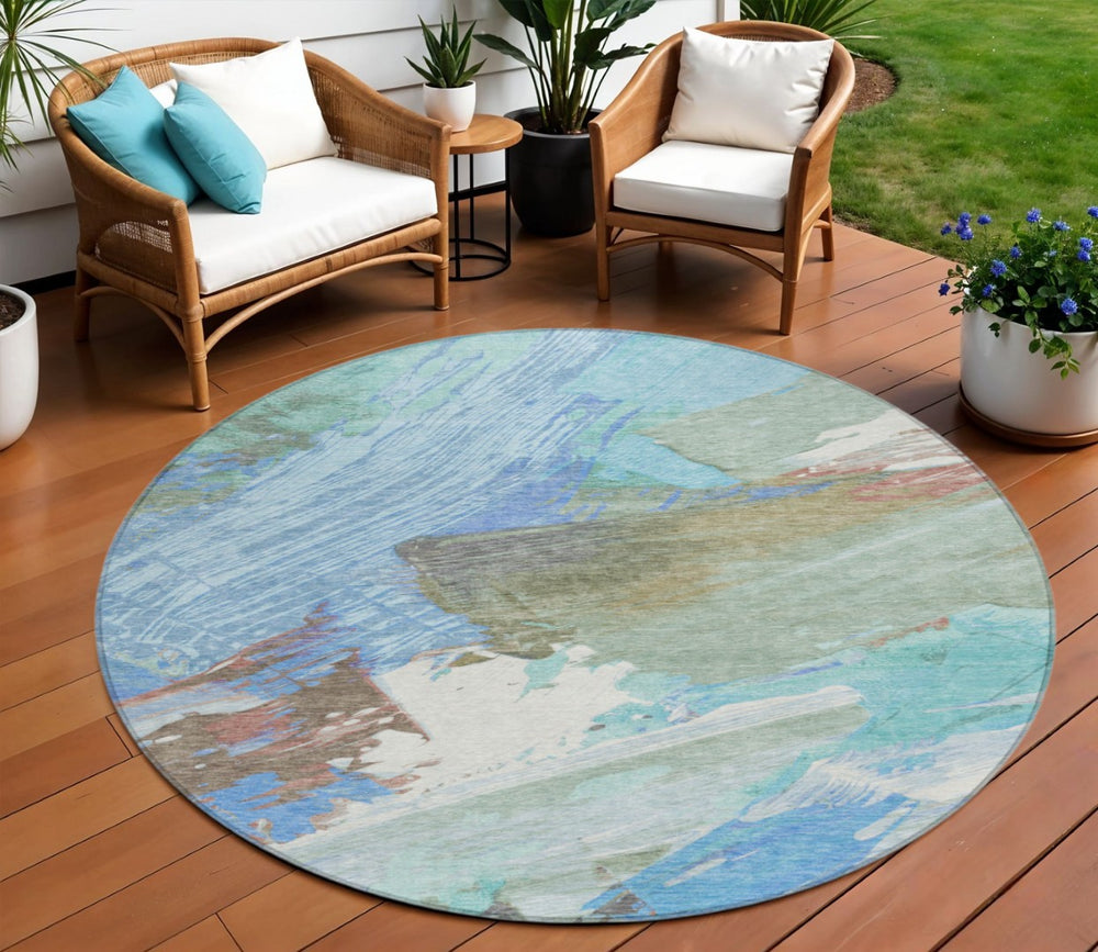 HomeRoots 5' Sky Blue and Teal Abstract Area Rug - Durable, Washable, Stylish for Indoor and Outdoor Spaces 8' Round 611254