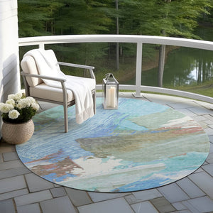 HomeRoots 5' Sky Blue and Teal Abstract Area Rug - Durable, Washable, Stylish for Indoor and Outdoor Spaces 8' Round 611254