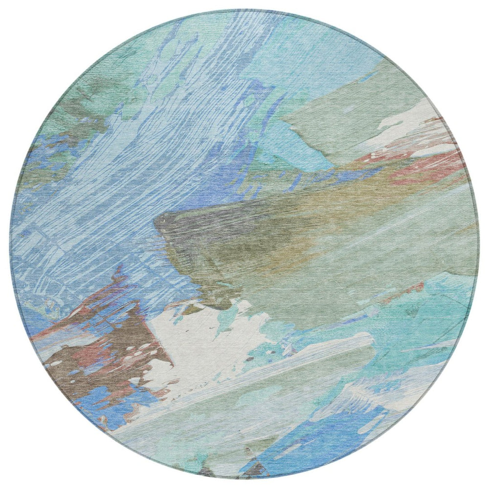 HomeRoots 5' Sky Blue and Teal Abstract Area Rug - Durable, Washable, Stylish for Indoor and Outdoor Spaces 8' Round 611254