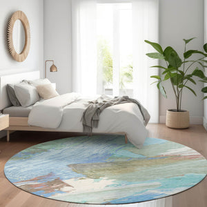 HomeRoots 5' Sky Blue and Teal Abstract Area Rug - Durable, Washable, Stylish for Indoor and Outdoor Spaces 8' Round 611254