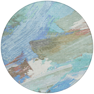 HomeRoots 5' Sky Blue and Teal Abstract Area Rug - Durable, Washable, Stylish for Indoor and Outdoor Spaces 8' Round 611254