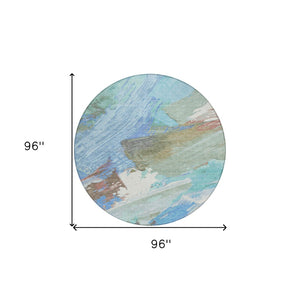 HomeRoots 5' Sky Blue and Teal Abstract Area Rug - Durable, Washable, Stylish for Indoor and Outdoor Spaces 8' Round 611254
