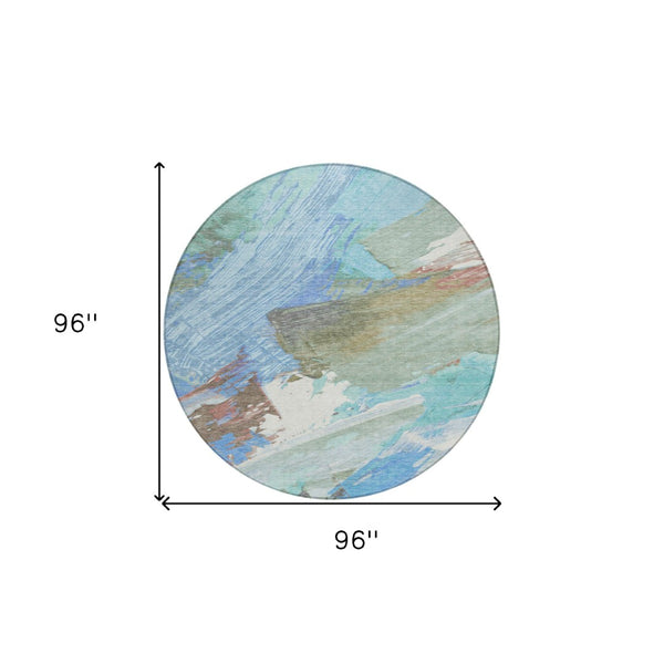 HomeRoots 5' Sky Blue and Teal Abstract Area Rug - Durable, Washable, Stylish for Indoor and Outdoor Spaces 8' Round 611254