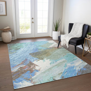 HomeRoots 5' Sky Blue and Teal Abstract Area Rug - Durable, Washable, Stylish for Indoor and Outdoor Spaces 8' X 10' 611255