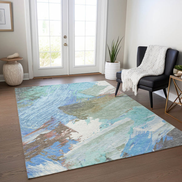 HomeRoots 5' Sky Blue and Teal Abstract Area Rug - Durable, Washable, Stylish for Indoor and Outdoor Spaces 8' X 10' 611255