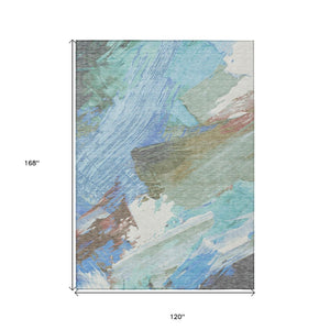 HomeRoots 5' Sky Blue and Teal Abstract Area Rug - Durable, Washable, Stylish for Indoor and Outdoor Spaces 10' X 14' 611257
