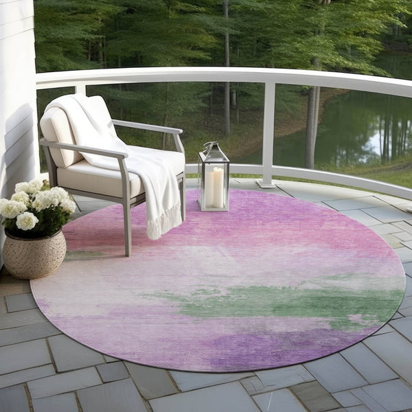 HomeRoots 5' Abstract Lilac Lavender Green Area Rug - Stylish Washable Design for Indoor & Outdoor Use 8' Round 611272