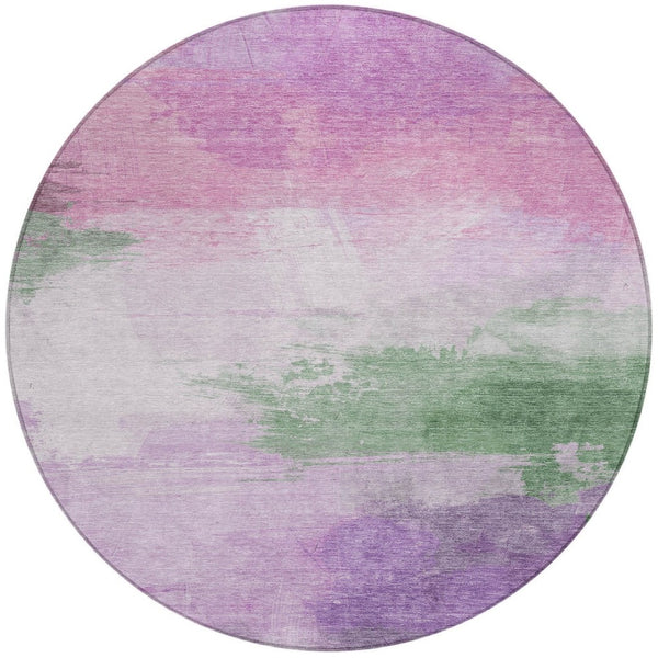 HomeRoots 5' Abstract Lilac Lavender Green Area Rug - Stylish Washable Design for Indoor & Outdoor Use 8' Round 611272