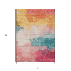 HomeRoots 5' Bold Pink, Gold & Teal Blue Abstract Area Rug – Stylish, Washable, Indoor/Outdoor Versatility! 5' X 8' 611277