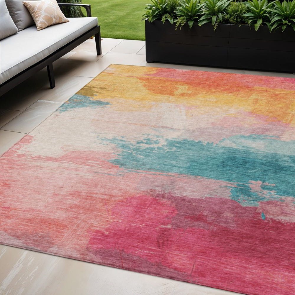 HomeRoots 5' Bold Pink, Gold & Teal Blue Abstract Area Rug – Stylish, Washable, Indoor/Outdoor Versatility! 5' X 8' 611277