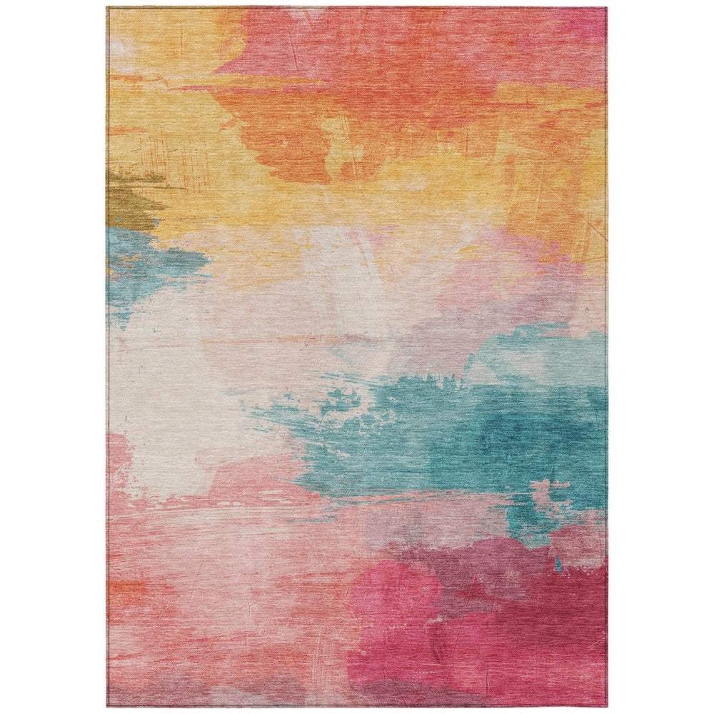 HomeRoots 5' Bold Pink, Gold & Teal Blue Abstract Area Rug – Stylish, Washable, Indoor/Outdoor Versatility! 5' X 8' 611277
