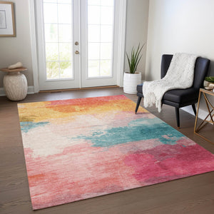 HomeRoots 5' Bold Pink, Gold & Teal Blue Abstract Area Rug – Stylish, Washable, Indoor/Outdoor Versatility! 5' X 8' 611277