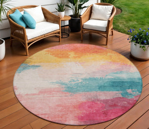 HomeRoots 5' Bold Pink, Gold & Teal Blue Abstract Area Rug – Stylish, Washable, Indoor/Outdoor Versatility! 8' Round 611278