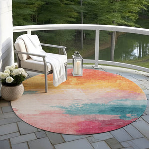 HomeRoots 5' Bold Pink, Gold & Teal Blue Abstract Area Rug – Stylish, Washable, Indoor/Outdoor Versatility! 8' Round 611278
