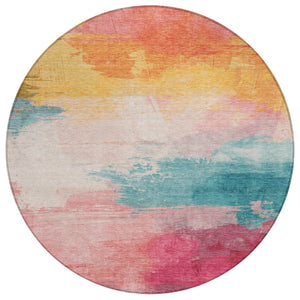 HomeRoots 5' Bold Pink, Gold & Teal Blue Abstract Area Rug – Stylish, Washable, Indoor/Outdoor Versatility! 8' Round 611278