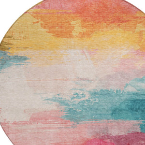HomeRoots 5' Bold Pink, Gold & Teal Blue Abstract Area Rug – Stylish, Washable, Indoor/Outdoor Versatility! 8' Round 611278